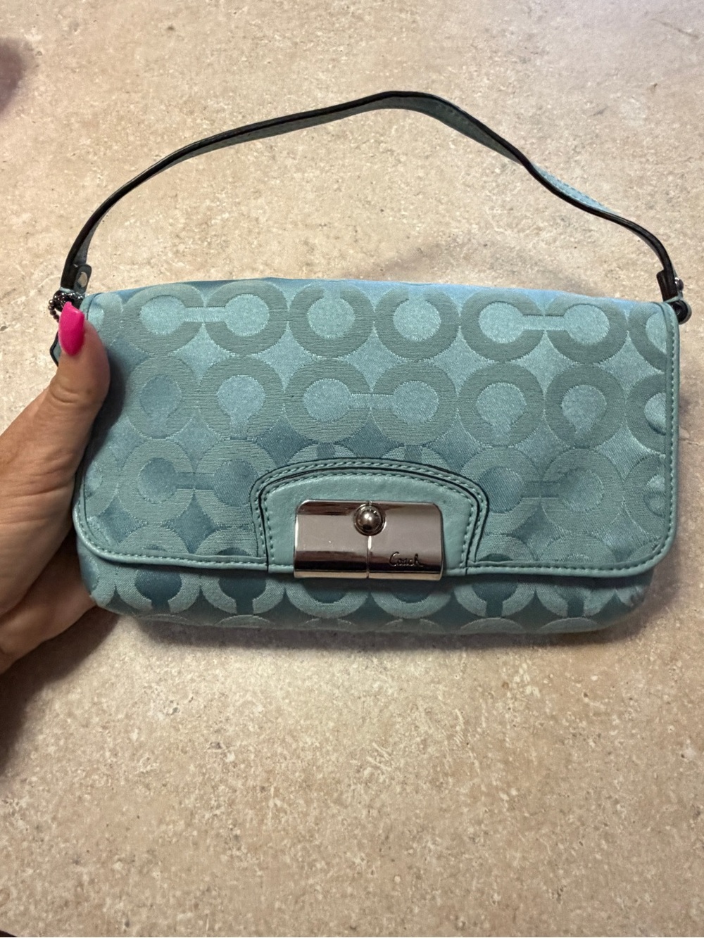 Vintage Coach Teal Signature Jacquard Clutch with Silver-Tone Turnlock y2k - Picture 10 of 11